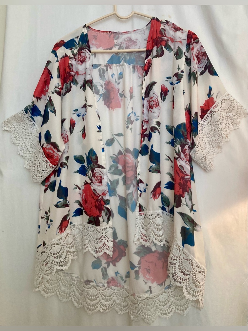 Floral Lace Trim Hi-Lo Kimono Cover-Up - Ivory Red & Green Size L
